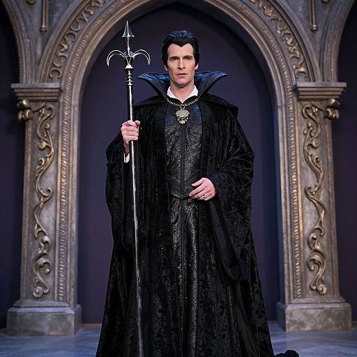 Photograph of a dark-haired man in a black, ornate robe with a high collar, holding a trident, standing in an arched,