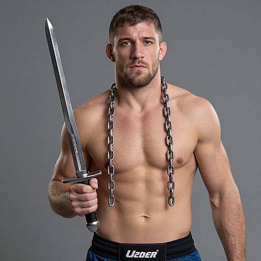 Photograph of a muscular, shirtless man with short brown hair and beard, holding a sword in his right hand, wearing a chain necklace and 