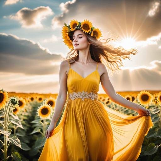 Ethereal Woman in Golden Dress Among Clouds