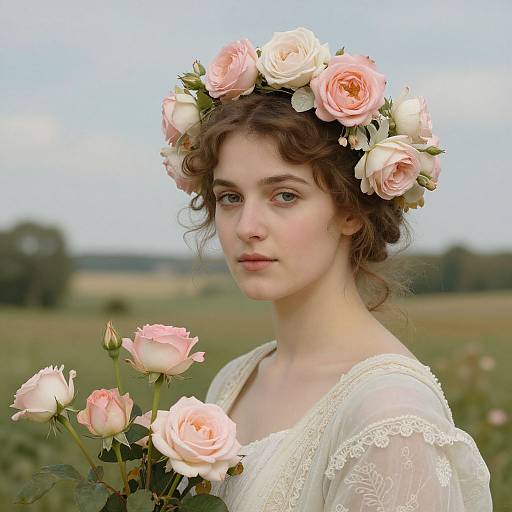 Photograph of a fair-skinned, young woman with wavy brown hair, wearing a floral crown of pink and white roses, and a lace-tr