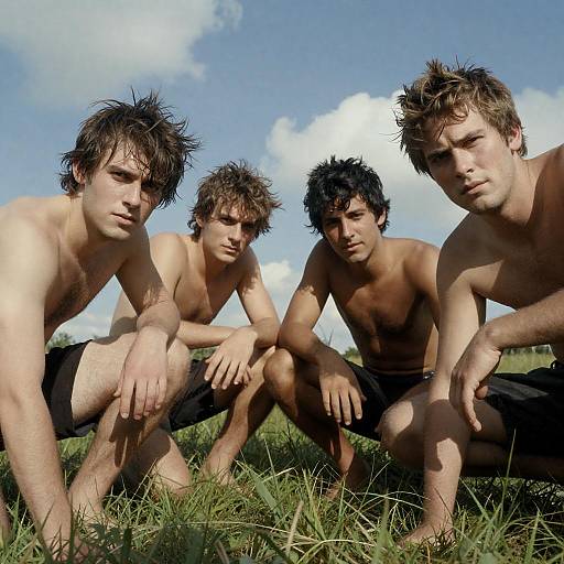 Focused Crouch of Four Men in Nature