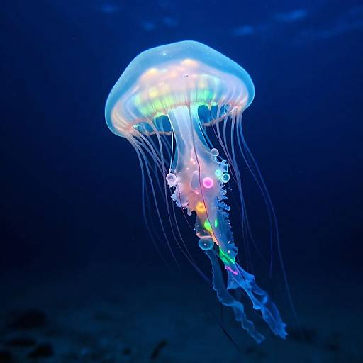 Photograph of a glowing, translucent jellyfish with colorful bioluminescent spots floating in a dark blue underwater ocean setting.