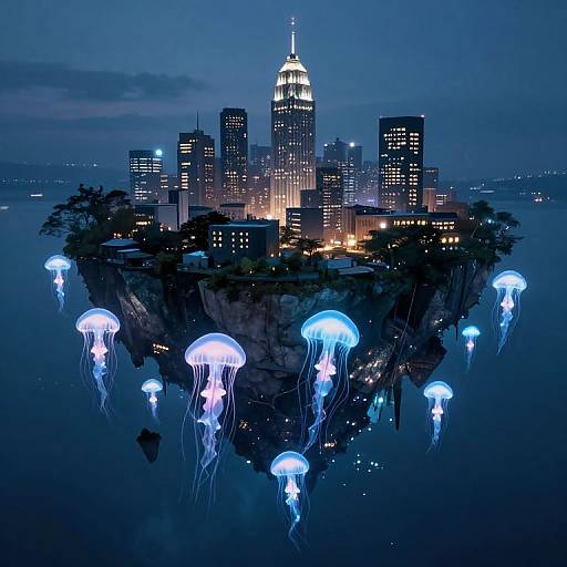 Fantasy digital art: Floating city at night with glowing skyscrapers, surrounded by bioluminescent jellyfish, illuminated against a dark blue,