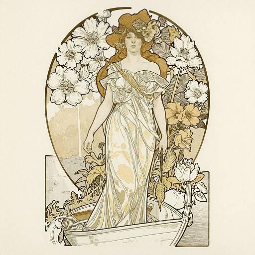 Art Nouveau-style illustration of a fair-skinned woman with wavy auburn hair, wearing a flowing, off-shoulder dress, surrounded