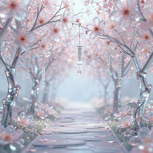 Digital artwork of a serene cherry blossom pathway with glowing petals, delicate branches, hanging crystals, and a bright, ethereal background.