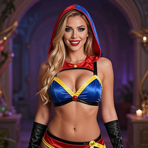 Photograph of a smiling blonde woman in a sexy, blue-and-red, hooded superhero costume with large breasts and black gloves, standing in a dim