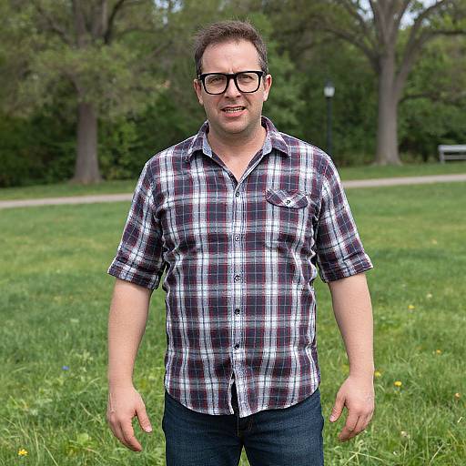 Photograph of a middle-aged man with glasses, short brown hair, wearing a black-and-white plaid shirt and dark jeans, standing in a green