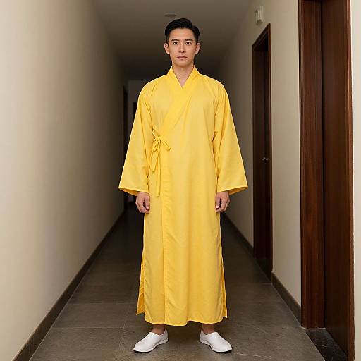 Photograph of a young Asian man in a bright yellow kimono, standing in a narrow, dimly lit hallway, wearing white socks.