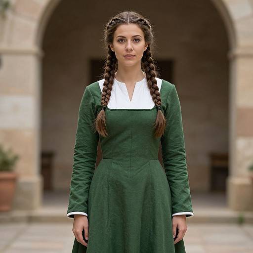 Photograph of a young woman with long brown braids, wearing a green dress with white collar, standing in front of a stone archway.