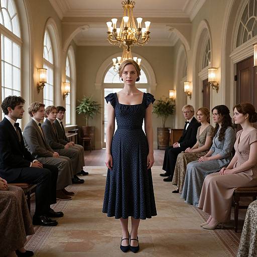 Elegantly Dressed Woman in Grand Hallway