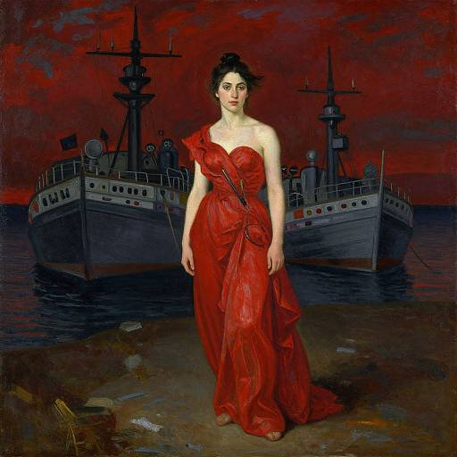 Digital painting of a pale-skinned woman in a dramatic red gown, standing on a dock with two dark warships against a fiery red sky.