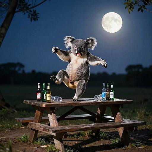 Photograph of a grey koala joyfully jumping on a wooden picnic table under a full moon, surrounded by various liquor bottles and empty glasses in a