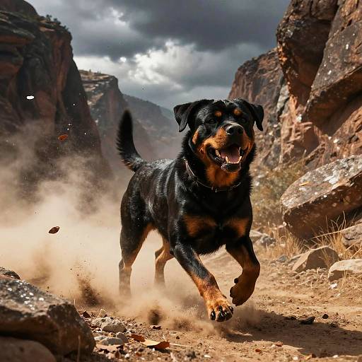 Photograph of a black and tan Rottweiler running through a dusty, rocky canyon with dramatic, cloudy sky overhead, mouth open mid-bark