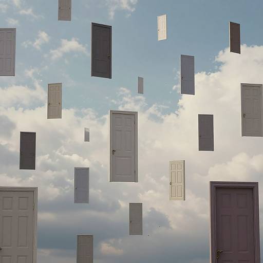 Photograph of floating doors in various sizes against a bright blue sky with fluffy clouds, with two doors anchored at the bottom.