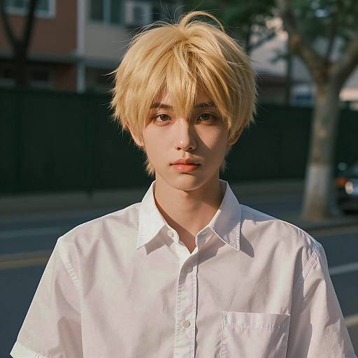Young Person with Blonde Hair in White Shirt