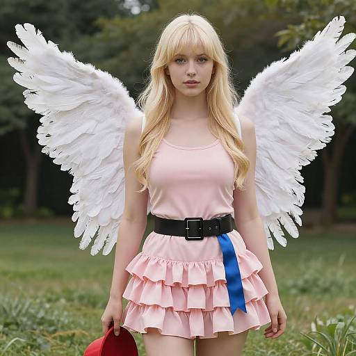 Blonde Woman with Feathered Wings Outdoors