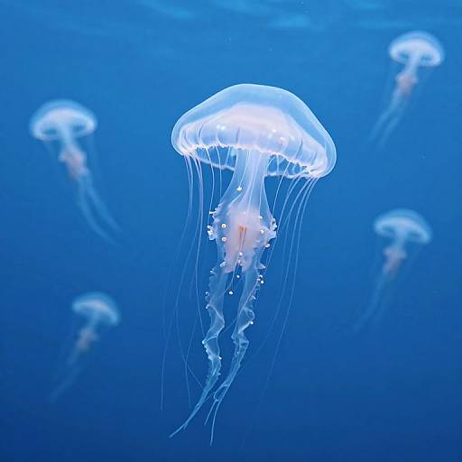 Photograph of glowing blue jellyfish with translucent, umbrella-shaped tops and long, flowing tentacles, floating in a deep blue ocean.