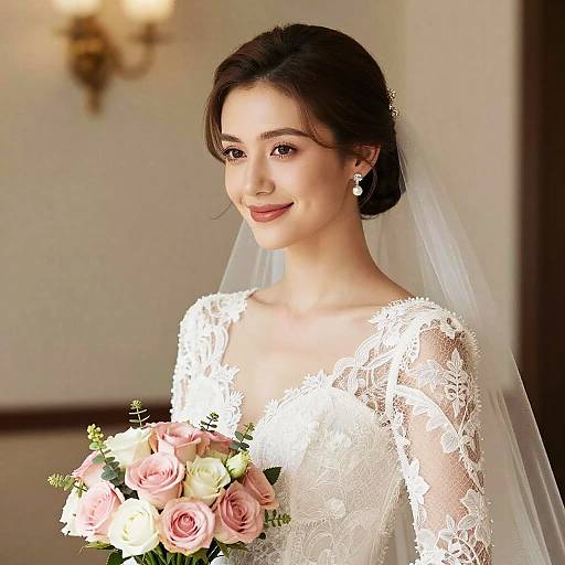 Photograph of a smiling Asian bride with fair skin, dark hair, wearing an intricately lace wedding dress, holding a pink and white rose bouquet,