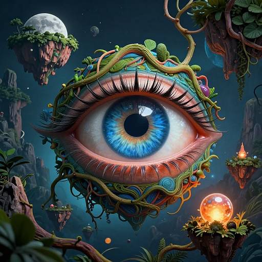 Digital surreal artwork of a vibrant blue eye with intricate green and orange vines, floating among glowing orbs and floating islands.