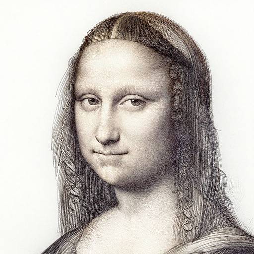 Black-and-white digital drawing of Mona Lisa with detailed, textured hair and subtle smile, emphasizing classical features and intricate hair strands.