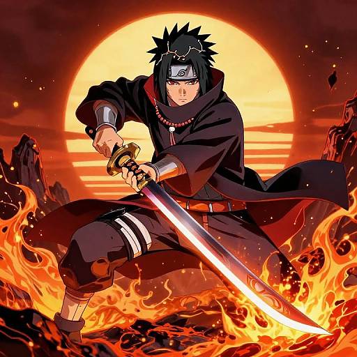 Anime-style drawing of a black-haired ninja with a headband, wielding a glowing sword, surrounded by fiery flames and a large orange sun. Intense