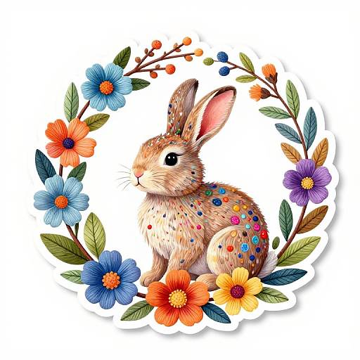 Colorful digital illustration of a bunny with multicolored spots, surrounded by a circular wreath of vibrant flowers and green leaves.