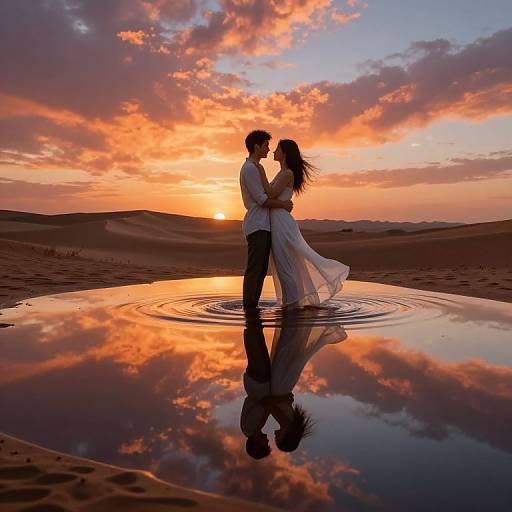 Silhouetted couple in white and black standing in shallow desert water at sunset, reflected in the water, with colorful clouds. Romantic photograph.