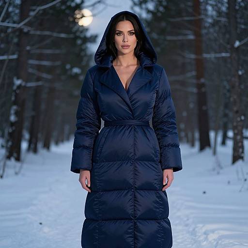 Photograph of a woman with dark hair, wearing a black puffer coat, standing in a snowy forest at night.