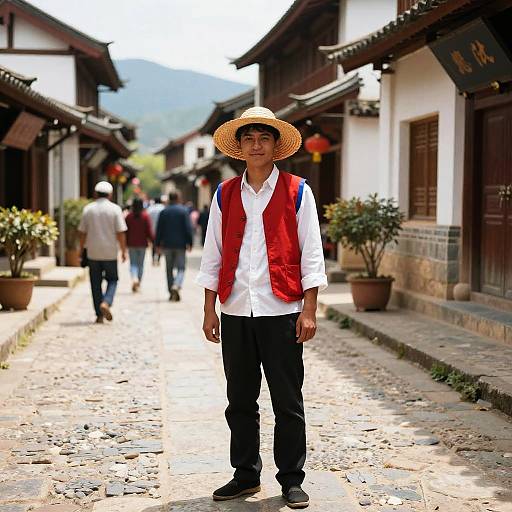 Photograph of a young man in a straw hat, white shirt, red vest, and black pants, standing in a sunlit, cobblestone