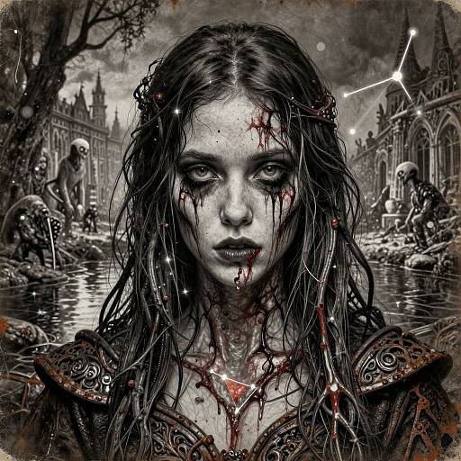 Digital art of a blood-streaked, somber-eyed woman with wet, dark hair, wearing ornate armor, standing in a haunted, ruined