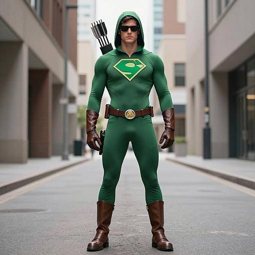 Male Superhero in Green Arrow Costume Standing Outdoors