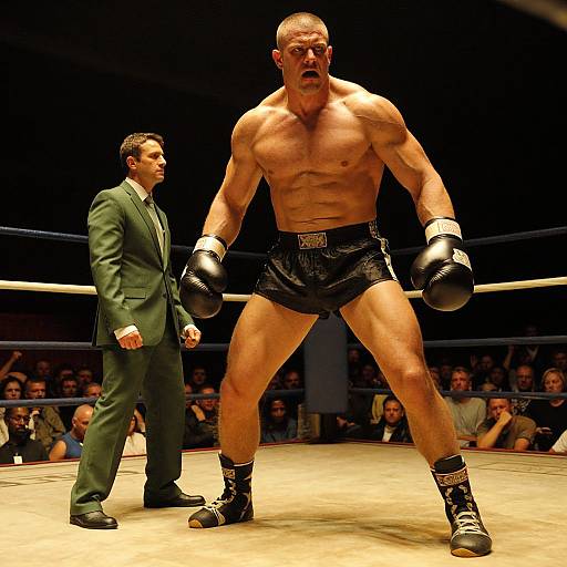 Photograph of a muscular, bald, shirtless male boxer in black shorts and gloves, shouting in the boxing ring, with a suited referee standing to