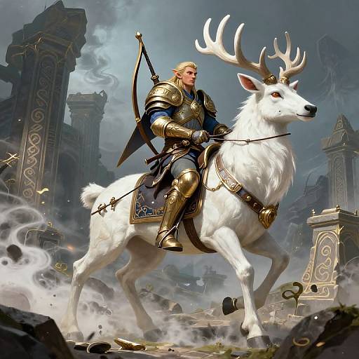 Digital fantasy artwork of a blonde, armored knight riding a majestic white stag with antlers, amidst ruins and misty battlefield.
