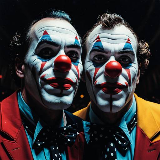 Two Male Clowns in Colorful Suits with White Face Paint