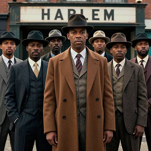Photograph of seven Black men in early 20th-century suits and hats standing in front of a 