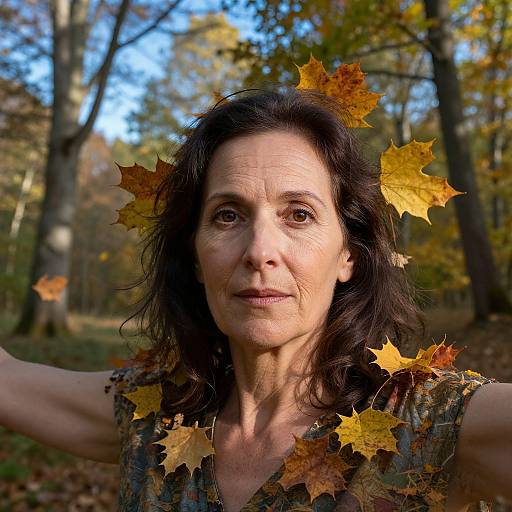 Photograph of middle-aged woman with dark hair, wearing autumn leaves in forest, arms raised, smiling, surrounded by yellow and orange leaves.