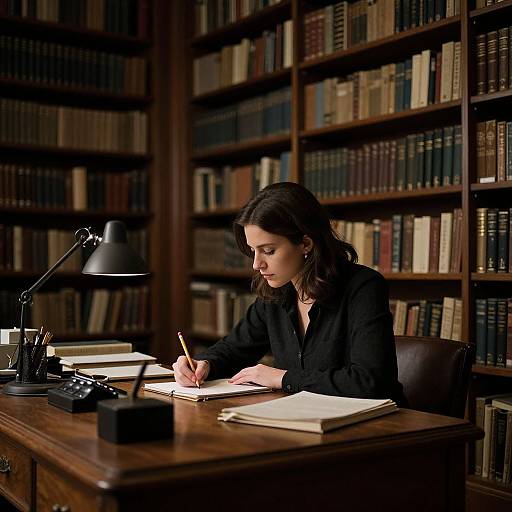 Photograph of a focused woman with dark hair, wearing a black blouse, writing in a notebook at a wooden desk in a dimly lit library filled