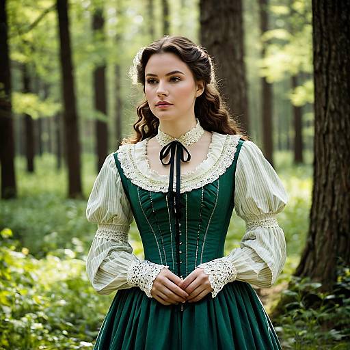 Young Woman in Victorian Dress in Forest