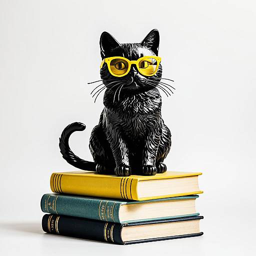 Cat Figurine with Yellow Glasses on Vintage Books