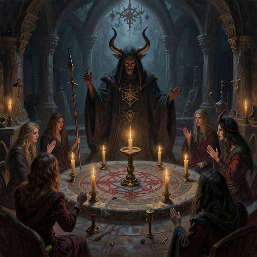 Fantasy digital artwork: dark horned figure with a sinister grin, robed, leads five worshipers seated around a glowing, candlelit pentagram