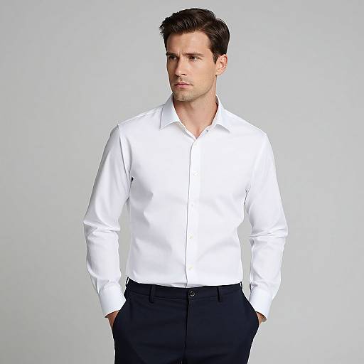 Photograph of a handsome, fair-skinned man with short, dark brown hair, wearing a crisp white dress shirt and black pants, standing against a