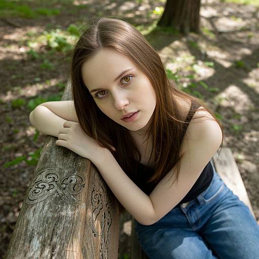 Photograph of a young woman with fair skin and brown hair, leaning on a carved wooden fence in a sunlit forest. She wears a black tank