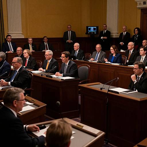 Photograph of formal legislative hearing with 22 men in black suits seated at wooden desks, attending to documents, in a grand, yellow-walled room