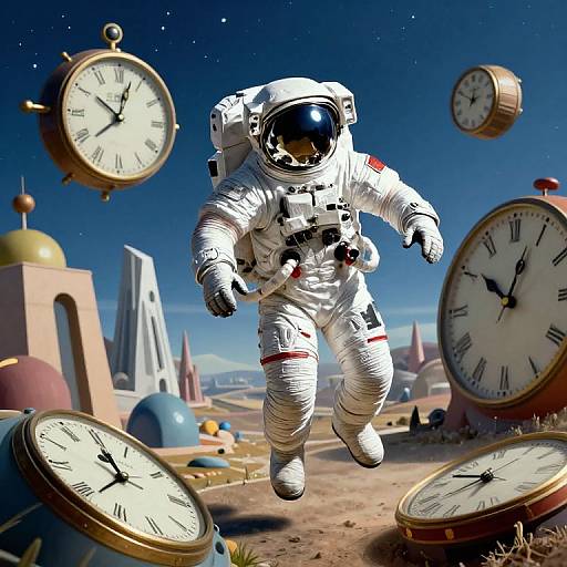 Digital artwork of a white astronaut floating in space, surrounded by floating clocks, with a colorful, surreal planet landscape in the background.