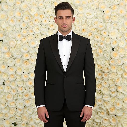 Elegant Groom in Tuxedo by Flowers