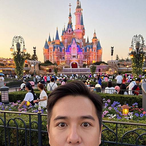 Photograph of an Asian man's face in the foreground, with Disneyland Castle in vibrant colors and crowds in the background at sunset.