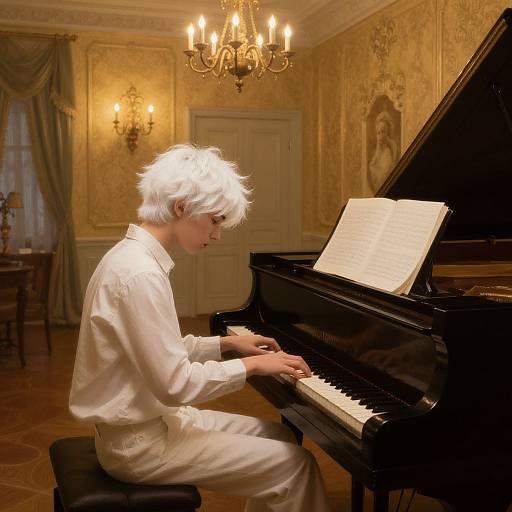 Young man with white hair and white outfit plays black grand piano in ornate, golden-walled room with chandelier.