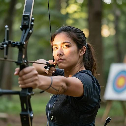 Photograph of a focused, young Asian woman with dark hair in a ponytail, wearing a black shirt, drawing a black compound bow in a sun