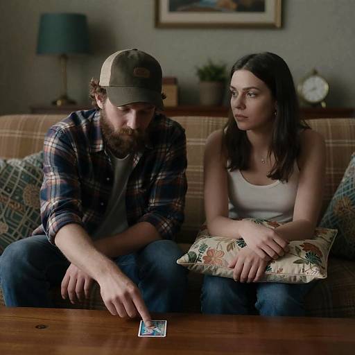 Couple Sitting on Couch with Card on Table