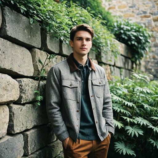 Young Man Standing by Stone Wall with Greenery